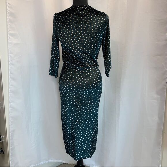 ZARA dark green cream velvet polkadot V-neck wrap dress ruched Sz S - Picture 7 of 11